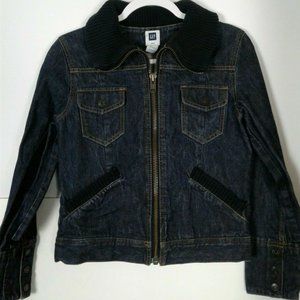 Girls Gap Women's Denim Jean Jacket Size XS Knit Collar Trucker Zip Dark Wash